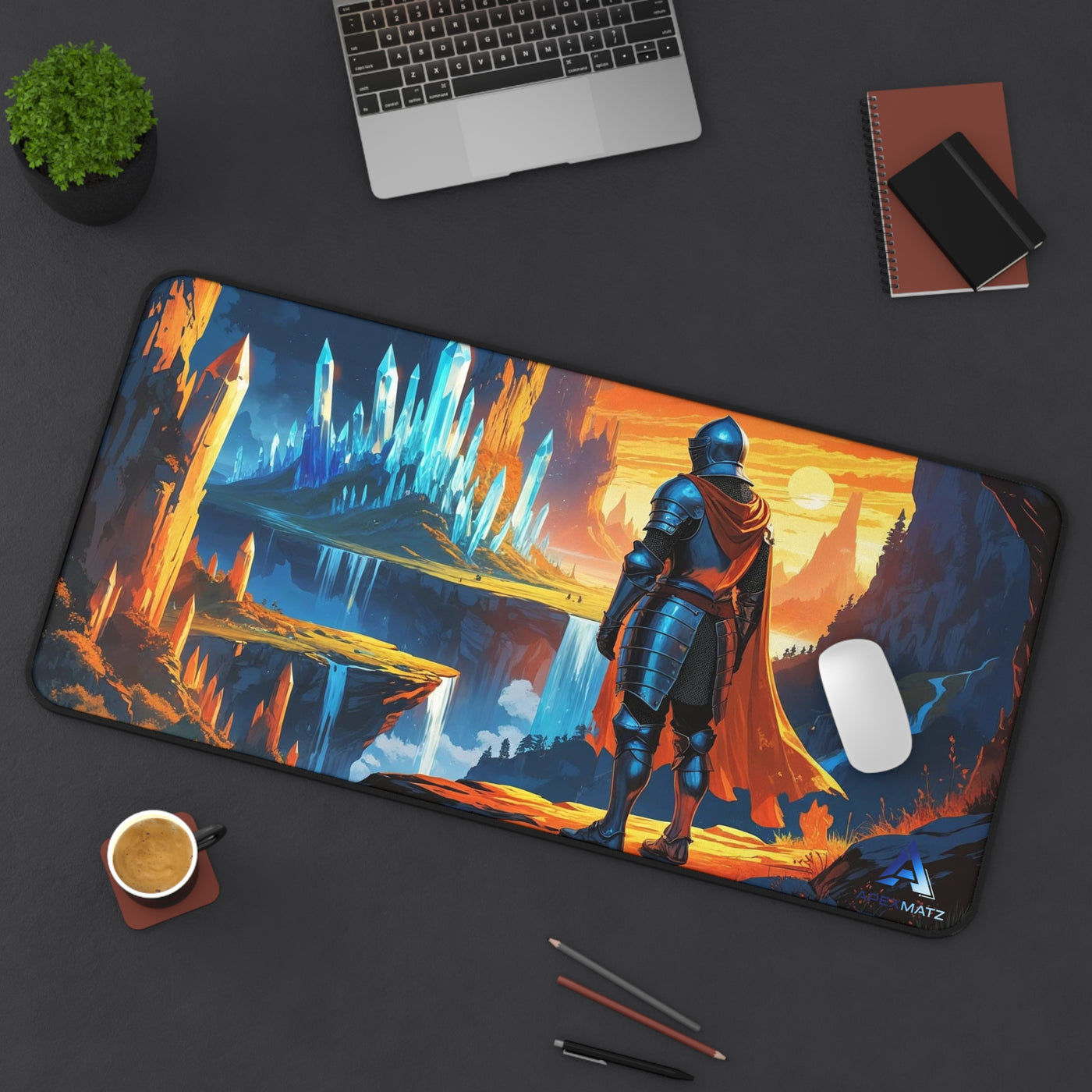 ApexMatz Crystal Sentinel Gaming Deskmat - Large Fantasy Knight & Landscape Mouse Pad