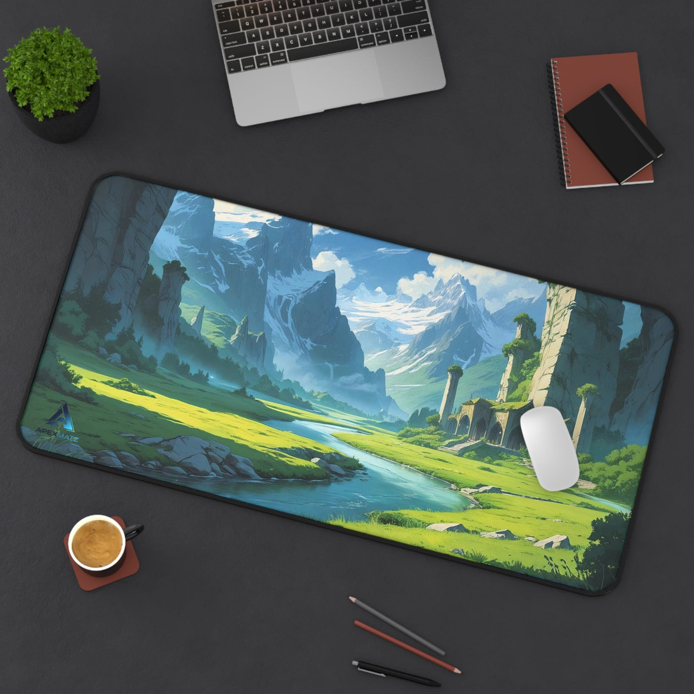 ApexMatz Whispering Peaks Gaming Deskmat - Large Fantasy Landscape & River Mouse Pad