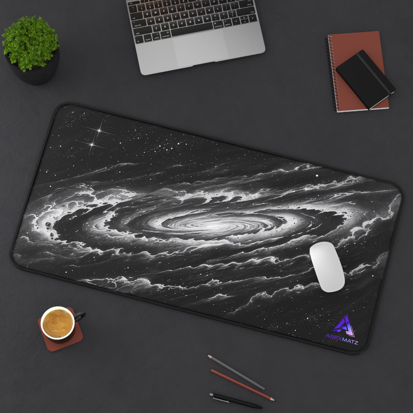 ApexMatz Milky Way Galaxy Gaming Deskmat - Large Monochrome Spiral Space Mouse Pad